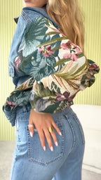 Women Collar Patchwork Printed Casual Denim Jacket