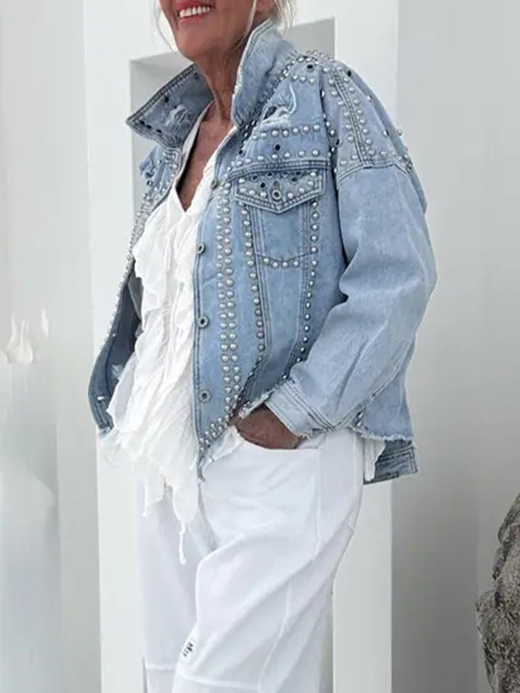 Women Collar Rivet Splicing Casual Denim Jacket