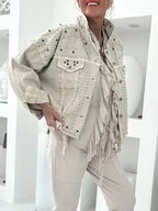 Women Collar Rivet Splicing Casual Denim Jacket