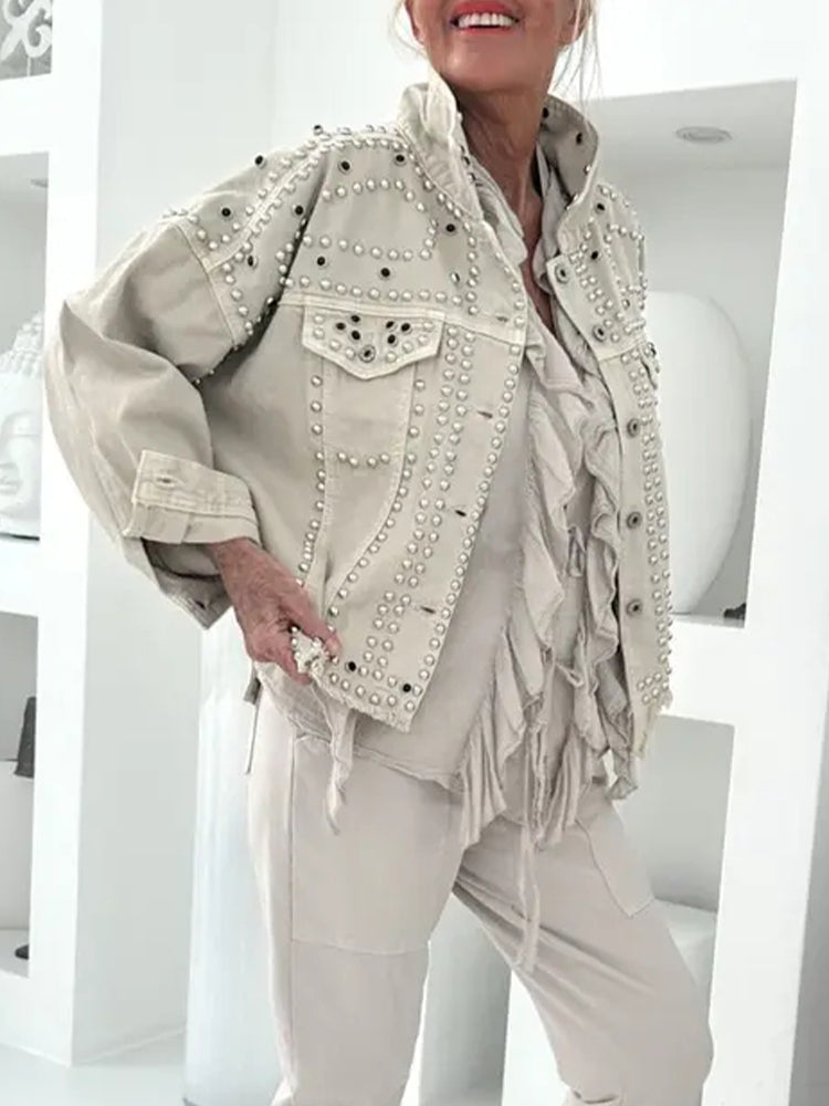 Women Collar Rivet Splicing Casual Denim Jacket