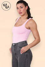 Square Neck Sculpting Thong Bodysuit in Pink