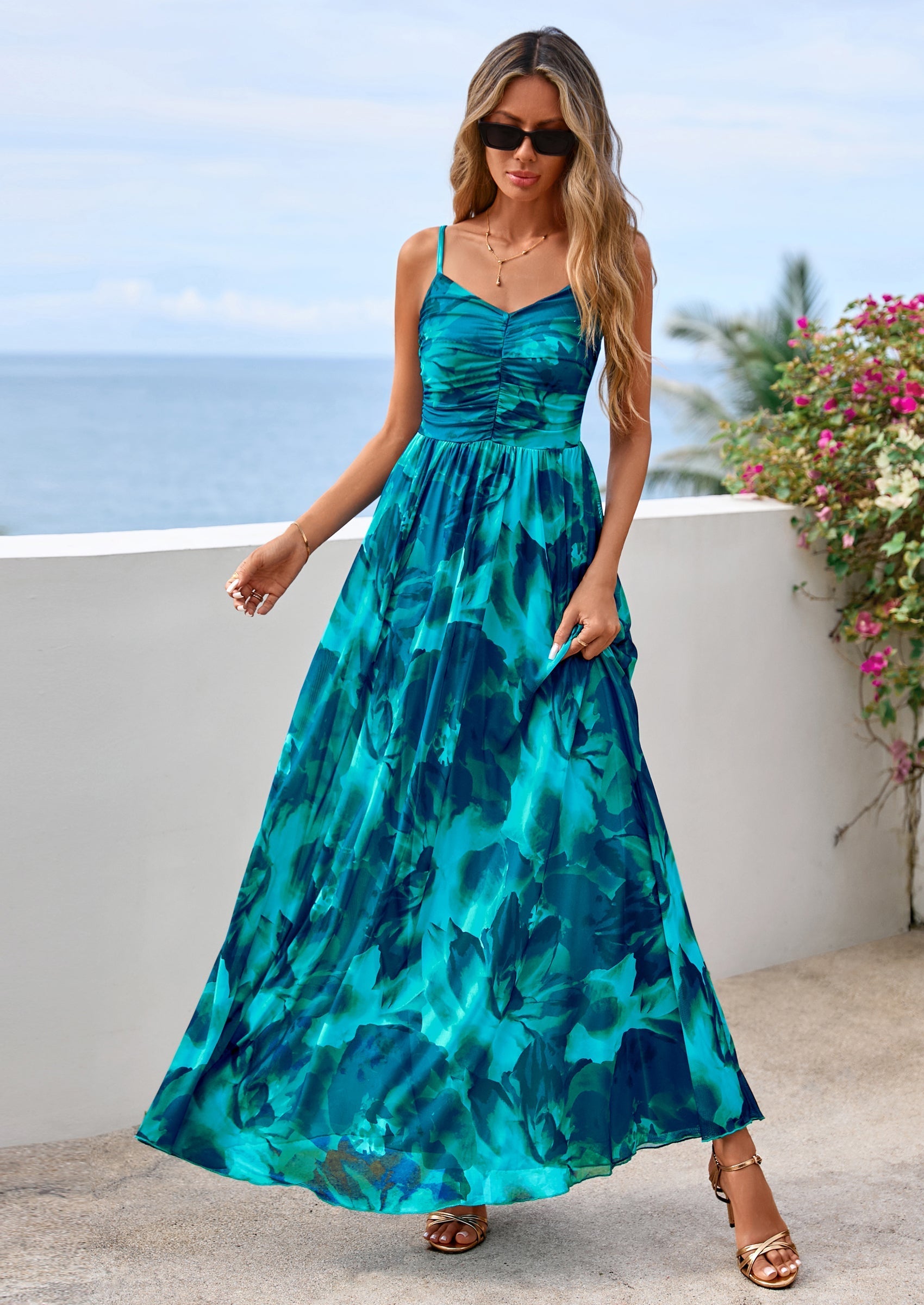 PRETTYGARDEN Women's Floral Maxi Dress Summer Outfits Spaghetti Strap Flowy Long Sundress Beach Vacation Boho Dresses