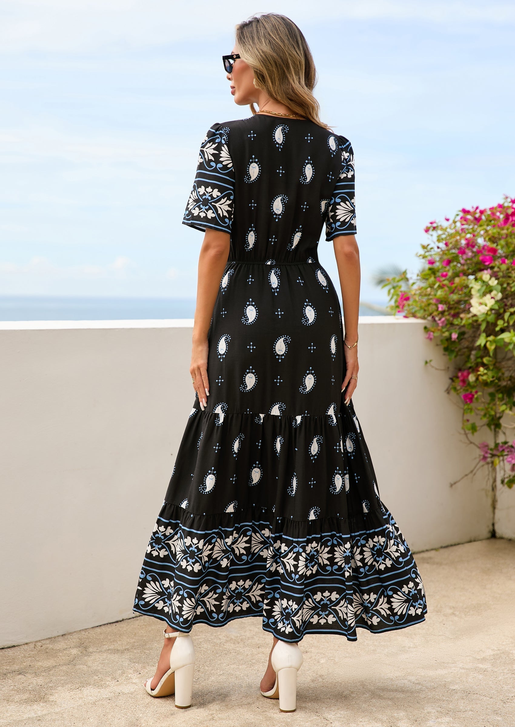 PRETTYGARDEN Womens Summer Boho Maxi Dress Trendy Short Sleeve V Neck Flowy Beach Floral Dresses with Pockets