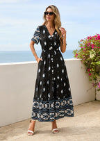 PRETTYGARDEN Womens Summer Boho Maxi Dress Trendy Short Sleeve V Neck Flowy Beach Floral Dresses with Pockets