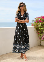 PRETTYGARDEN Womens Summer Boho Maxi Dress Trendy Short Sleeve V Neck Flowy Beach Floral Dresses with Pockets