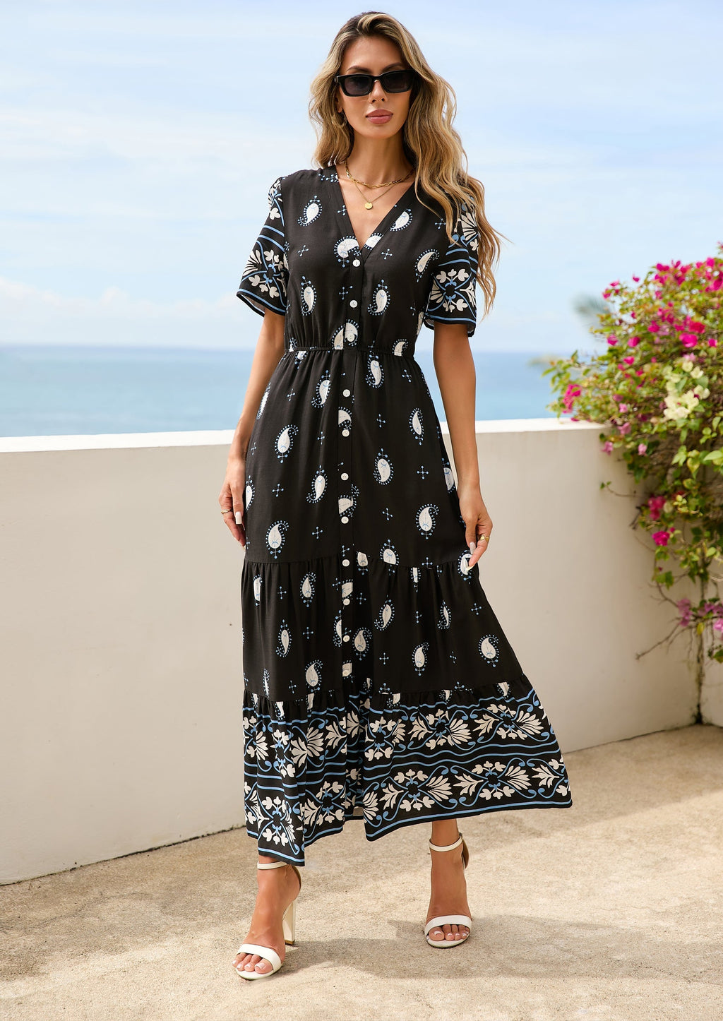 PRETTYGARDEN Womens Summer Boho Maxi Dress Trendy Short Sleeve V Neck Flowy Beach Floral Dresses with Pockets
