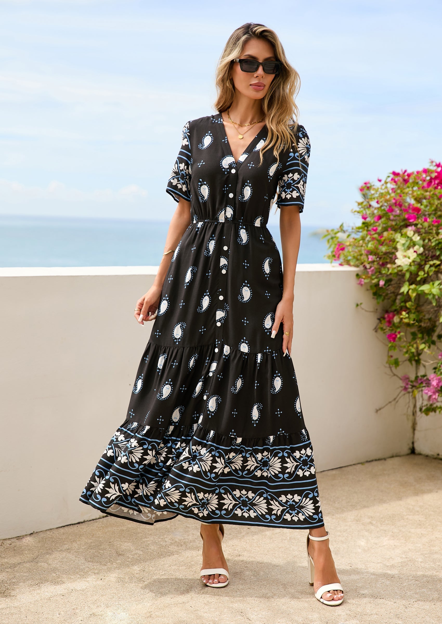 PRETTYGARDEN Womens Summer Boho Maxi Dress Trendy Short Sleeve V Neck Flowy Beach Floral Dresses with Pockets