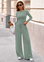 PRETTYGARDEN Women's 2 Piece Lounge Sets Fall Fashion Long Sleeve Crop Top Wide Leg Pants Matching Sets Clothing