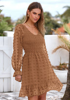 BTFBM Spring Dresses for Women 2026 Long Sleeve Casual V Neck Swiss Dot Smocked Ruffle Chiffon Flowy Mini Summer Dress