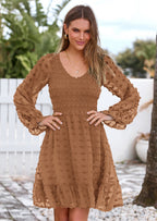 BTFBM Spring Dresses for Women 2026 Long Sleeve Casual V Neck Swiss Dot Smocked Ruffle Chiffon Flowy Mini Summer Dress