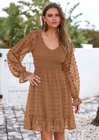 BTFBM Spring Dresses for Women 2026 Long Sleeve Casual V Neck Swiss Dot Smocked Ruffle Chiffon Flowy Mini Summer Dress