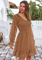 BTFBM Spring Dresses for Women 2026 Long Sleeve Casual V Neck Swiss Dot Smocked Ruffle Chiffon Flowy Mini Summer Dress