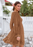 BTFBM Spring Dresses for Women 2026 Long Sleeve Casual V Neck Swiss Dot Smocked Ruffle Chiffon Flowy Mini Summer Dress