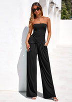 PRETTYGARDEN Summer Sets Women 2 Piece Outfits Asymmetrical Tube Tops and Pants Beach Vacation Airport Matching Lounge Set