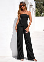 PRETTYGARDEN Summer Sets Women 2 Piece Outfits Asymmetrical Tube Tops and Pants Beach Vacation Airport Matching Lounge Set