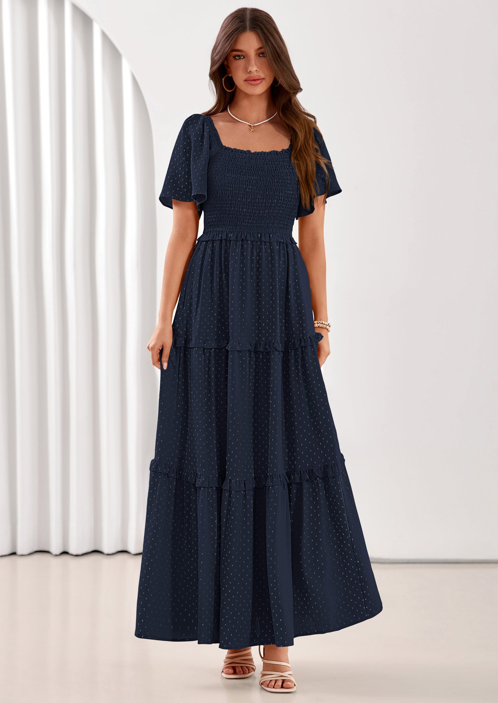 PRETTYGARDEN Summer Dresses for Women Boho Swiss Dot Smocked Square Neck Short Sleeve Spring Wedding Guest Maxi Dress