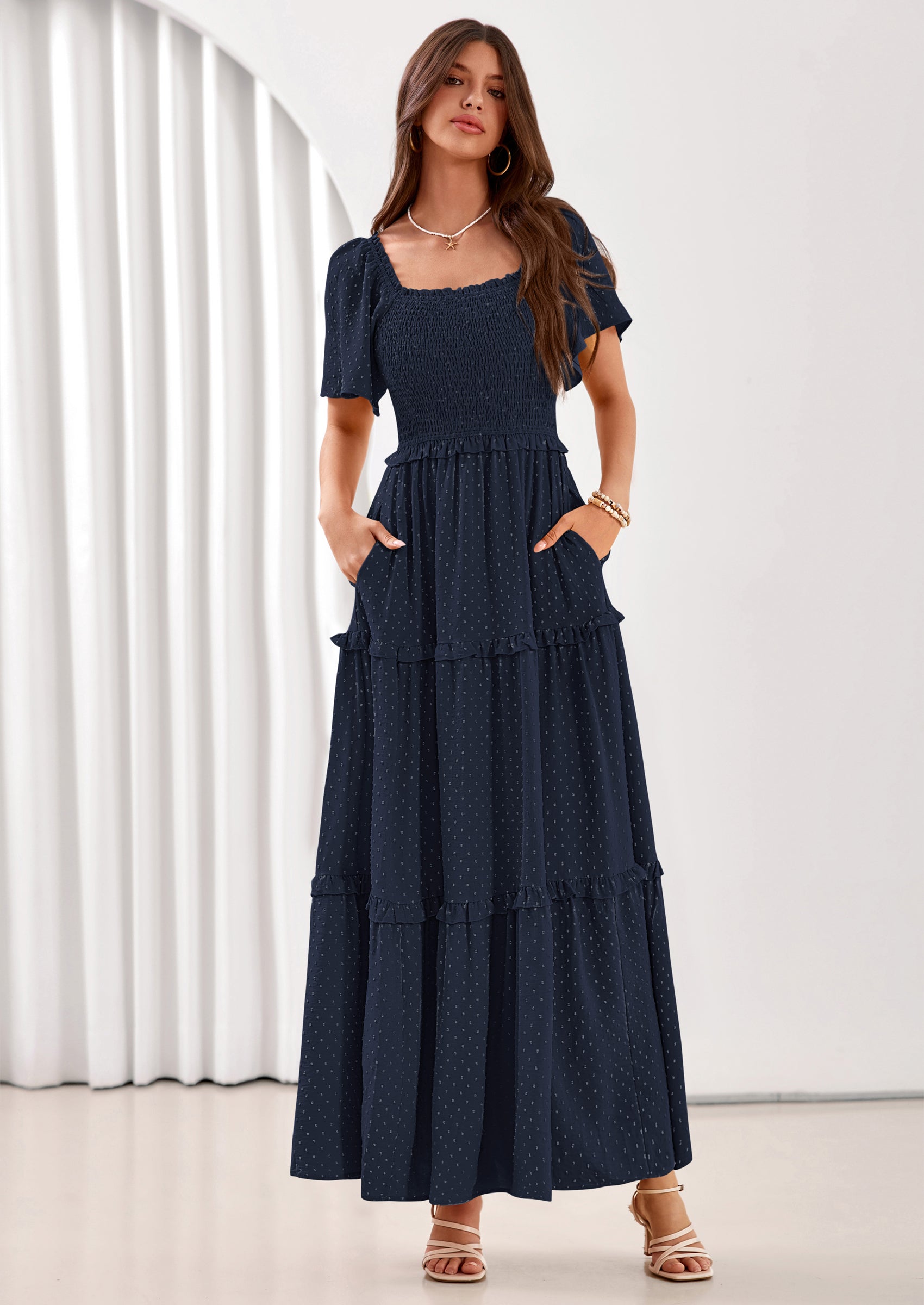PRETTYGARDEN Summer Dresses for Women Boho Swiss Dot Smocked Square Neck Short Sleeve Spring Wedding Guest Maxi Dress