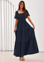 PRETTYGARDEN Summer Dresses for Women Boho Swiss Dot Smocked Square Neck Short Sleeve Spring Wedding Guest Maxi Dress