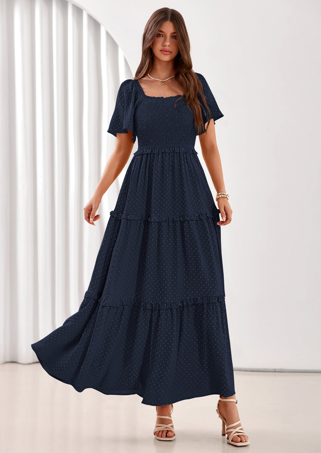 PRETTYGARDEN Summer Dresses for Women Boho Swiss Dot Smocked Square Neck Short Sleeve Spring Wedding Guest Maxi Dress