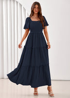 PRETTYGARDEN Summer Dresses for Women Boho Swiss Dot Smocked Square Neck Short Sleeve Spring Wedding Guest Maxi Dress