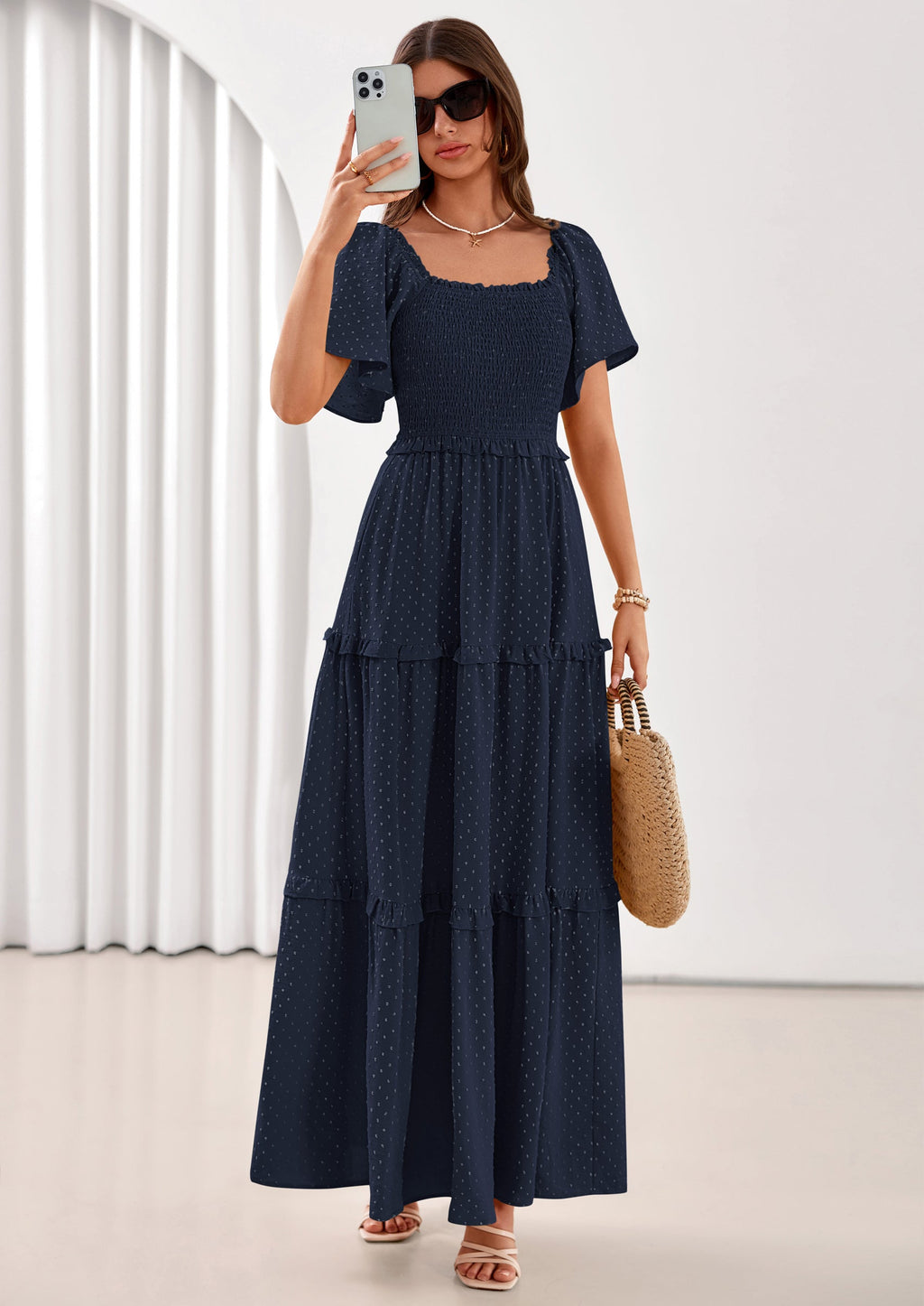 PRETTYGARDEN Summer Dresses for Women Boho Swiss Dot Smocked Square Neck Short Sleeve Spring Wedding Guest Maxi Dress