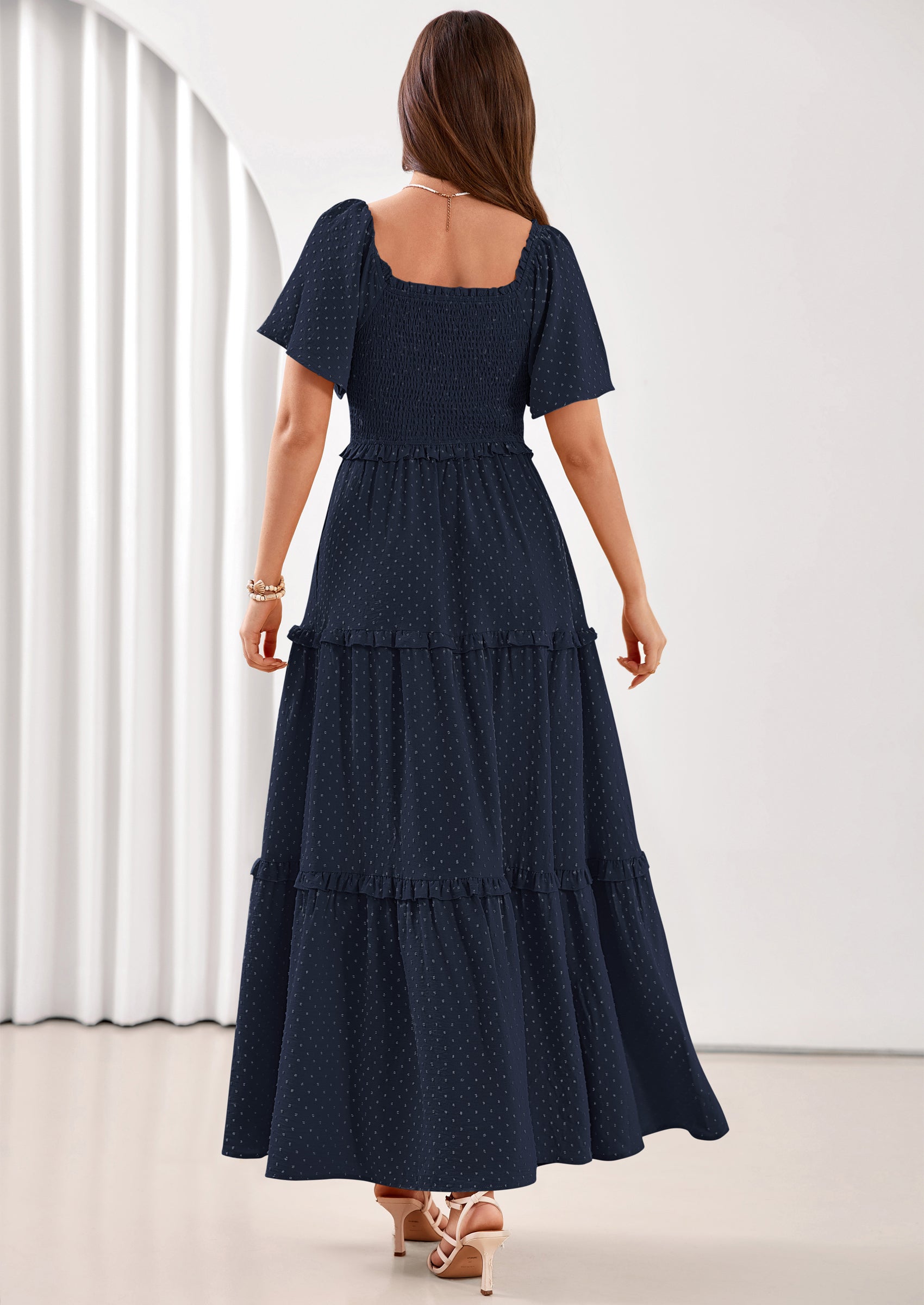 PRETTYGARDEN Summer Dresses for Women Boho Swiss Dot Smocked Square Neck Short Sleeve Spring Wedding Guest Maxi Dress