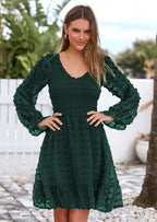BTFBM Spring Dresses for Women 2026 Long Sleeve Casual V Neck Swiss Dot Smocked Ruffle Chiffon Flowy Mini Summer Dress
