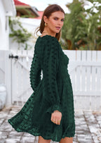 BTFBM Spring Dresses for Women 2026 Long Sleeve Casual V Neck Swiss Dot Smocked Ruffle Chiffon Flowy Mini Summer Dress