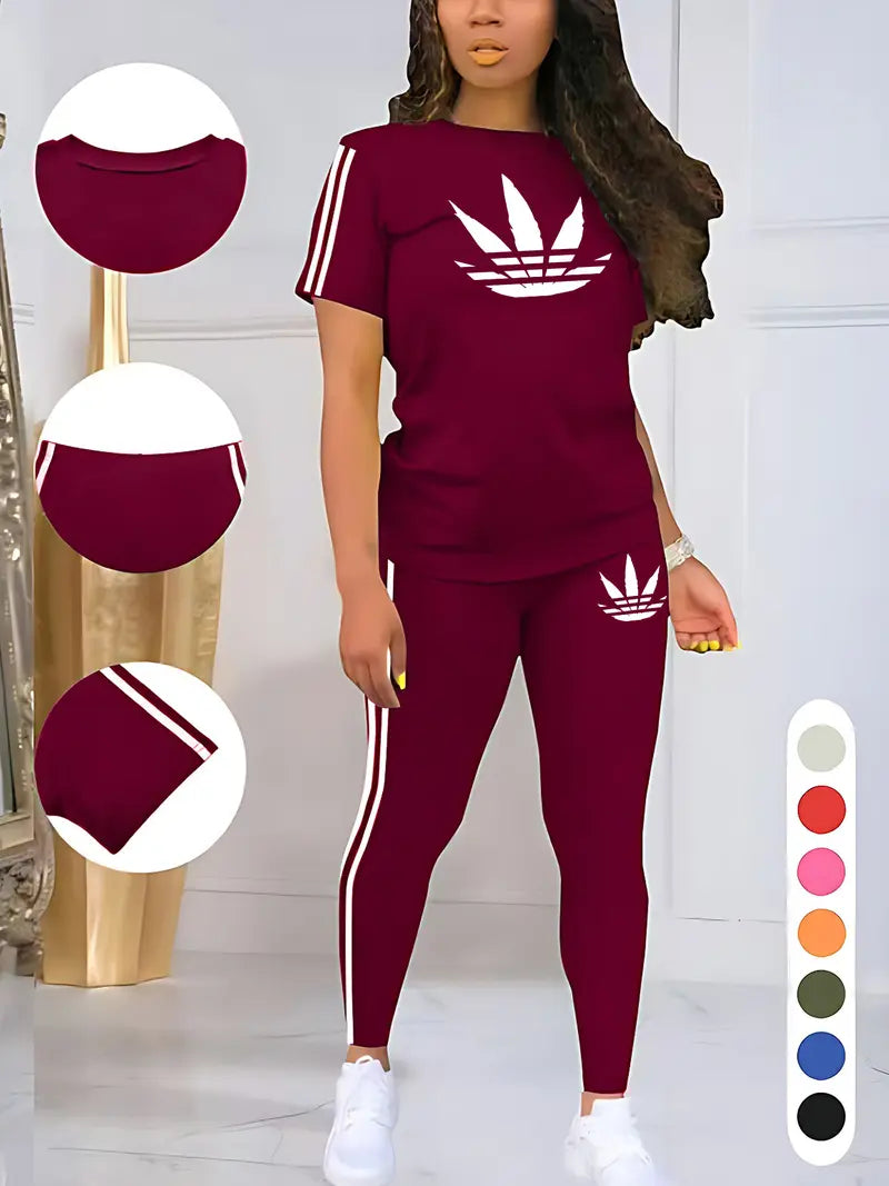 Women's Printed Casual Sporty Round Neck Drawstring Short Sleeve and Long Pants Two-Piece Set
