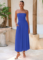 BTFBM Summer Maxi Dresses for Women Strapless Ruched Tube Top Beach Vacation Spring Wedding Guest Dress Pockets