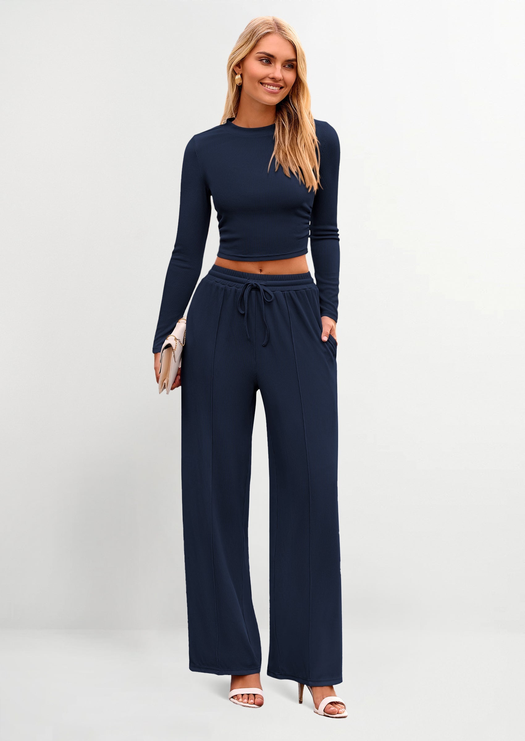 PRETTYGARDEN Women's 2 Piece Loungewear Long Sleeve Crop Top Wide Leg Palazzo Pants Set Tracksuits Casual Outfit