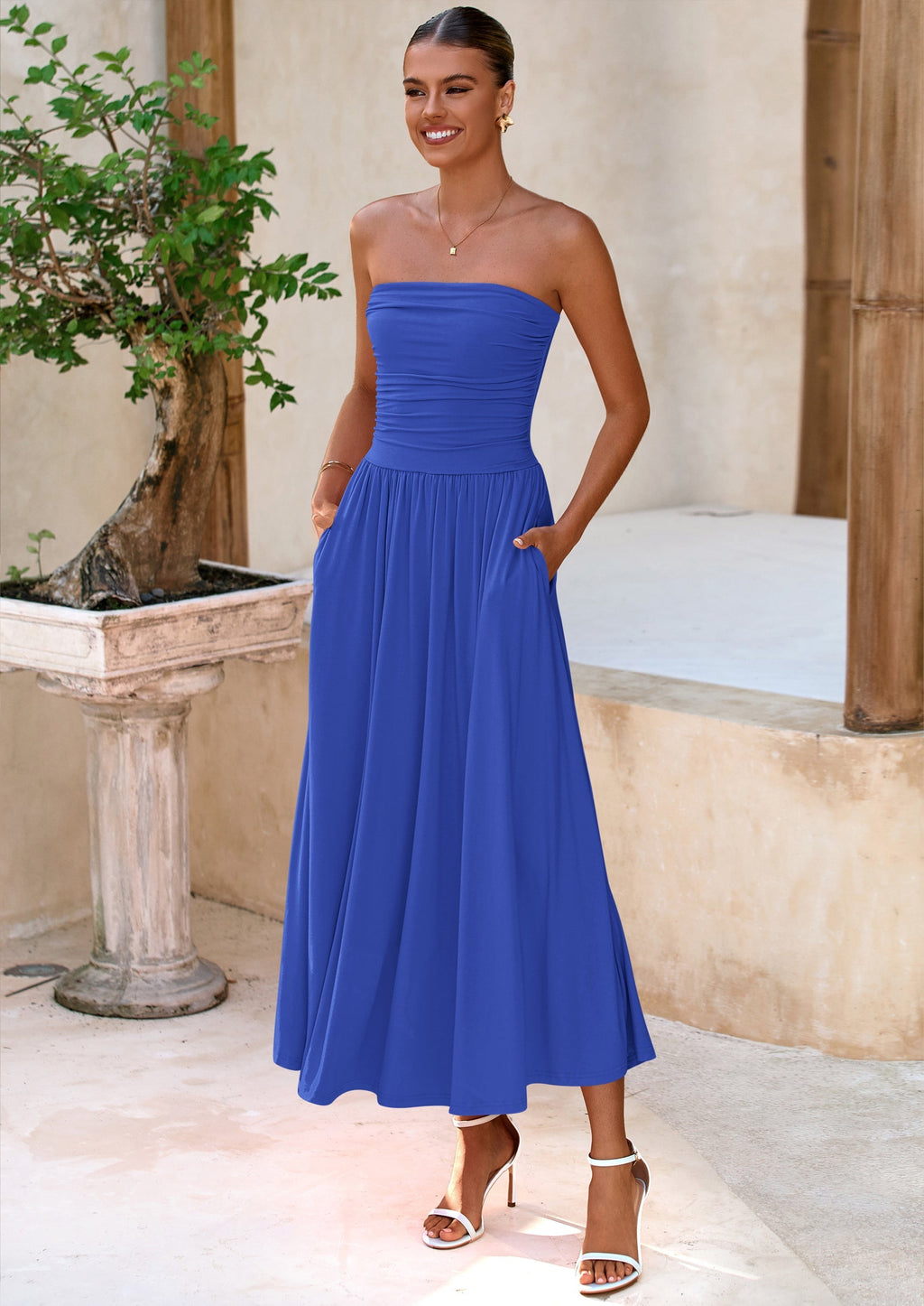 BTFBM Summer Maxi Dresses for Women Strapless Ruched Tube Top Beach Vacation Spring Wedding Guest Dress Pockets
