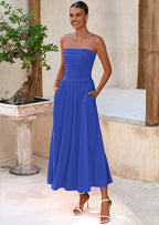 BTFBM Summer Maxi Dresses for Women Strapless Ruched Tube Top Beach Vacation Spring Wedding Guest Dress Pockets