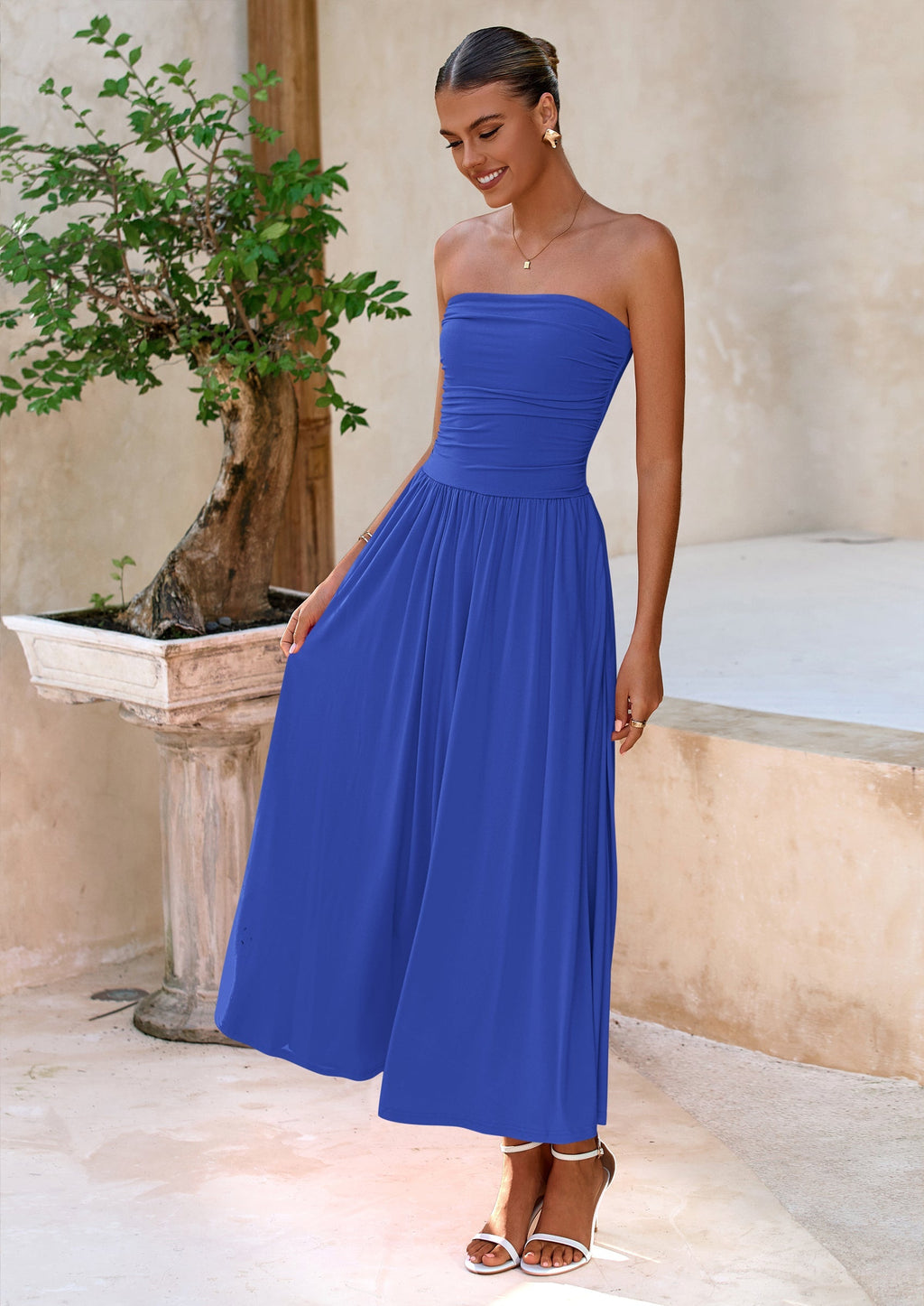 BTFBM Summer Maxi Dresses for Women Strapless Ruched Tube Top Beach Vacation Spring Wedding Guest Dress Pockets