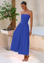 BTFBM Summer Maxi Dresses for Women Strapless Ruched Tube Top Beach Vacation Spring Wedding Guest Dress Pockets