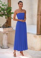 BTFBM Summer Maxi Dresses for Women Strapless Ruched Tube Top Beach Vacation Spring Wedding Guest Dress Pockets