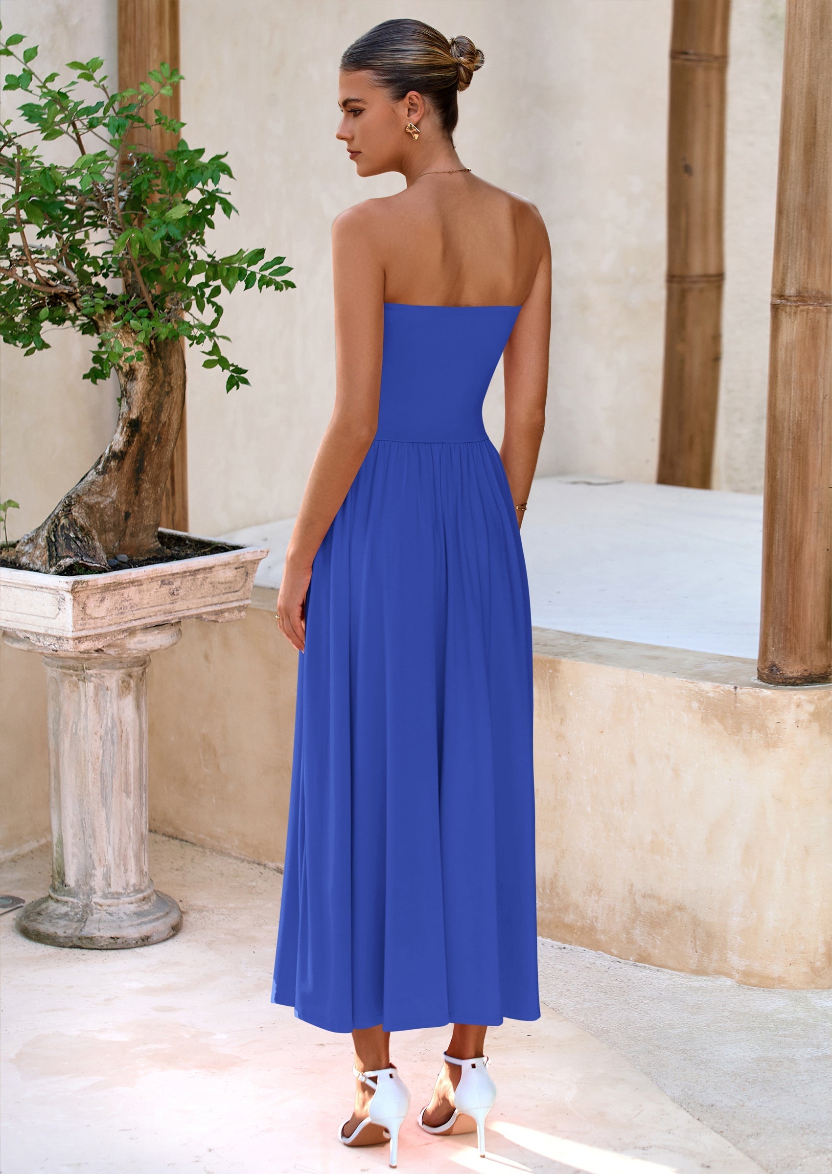 BTFBM Summer Maxi Dresses for Women Strapless Ruched Tube Top Beach Vacation Spring Wedding Guest Dress Pockets