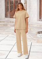 PRETTYGARDEN 2 Piece Outfits For Women Casual Tracksuit Short Sleeve Tops And Wide Leg Long Pants Matching Lounge Sets