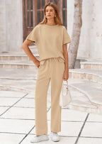 PRETTYGARDEN 2 Piece Outfits For Women Casual Tracksuit Short Sleeve Tops And Wide Leg Long Pants Matching Lounge Sets