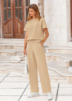 PRETTYGARDEN 2 Piece Outfits For Women Casual Tracksuit Short Sleeve Tops And Wide Leg Long Pants Matching Lounge Sets
