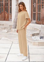 PRETTYGARDEN 2 Piece Outfits For Women Casual Tracksuit Short Sleeve Tops And Wide Leg Long Pants Matching Lounge Sets