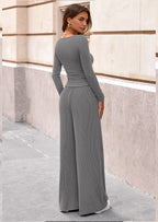 PRETTYGARDEN Women's 2 Piece Lounge Sets Fall Fashion Long Sleeve Crop Top Wide Leg Pants Matching Sets Clothing