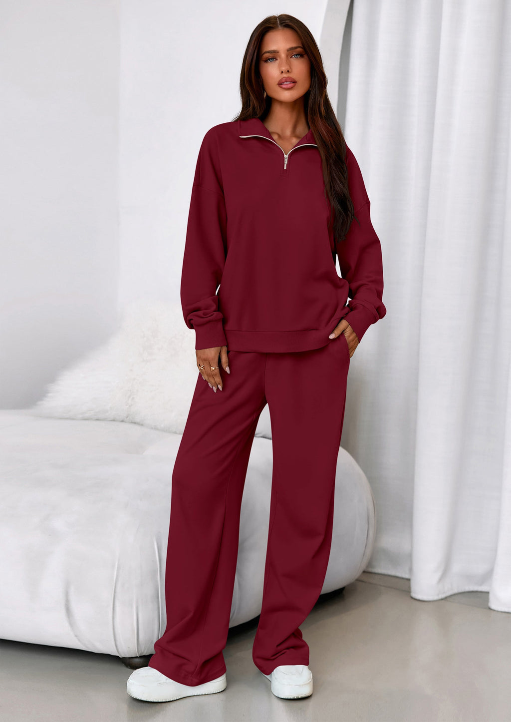 PRETTYGARDEN Womens Casual Two Piece Sets Fall Outfits Quarter Zip Sweatshirts Straight Leg Pants Sweatsuits Tracksuit