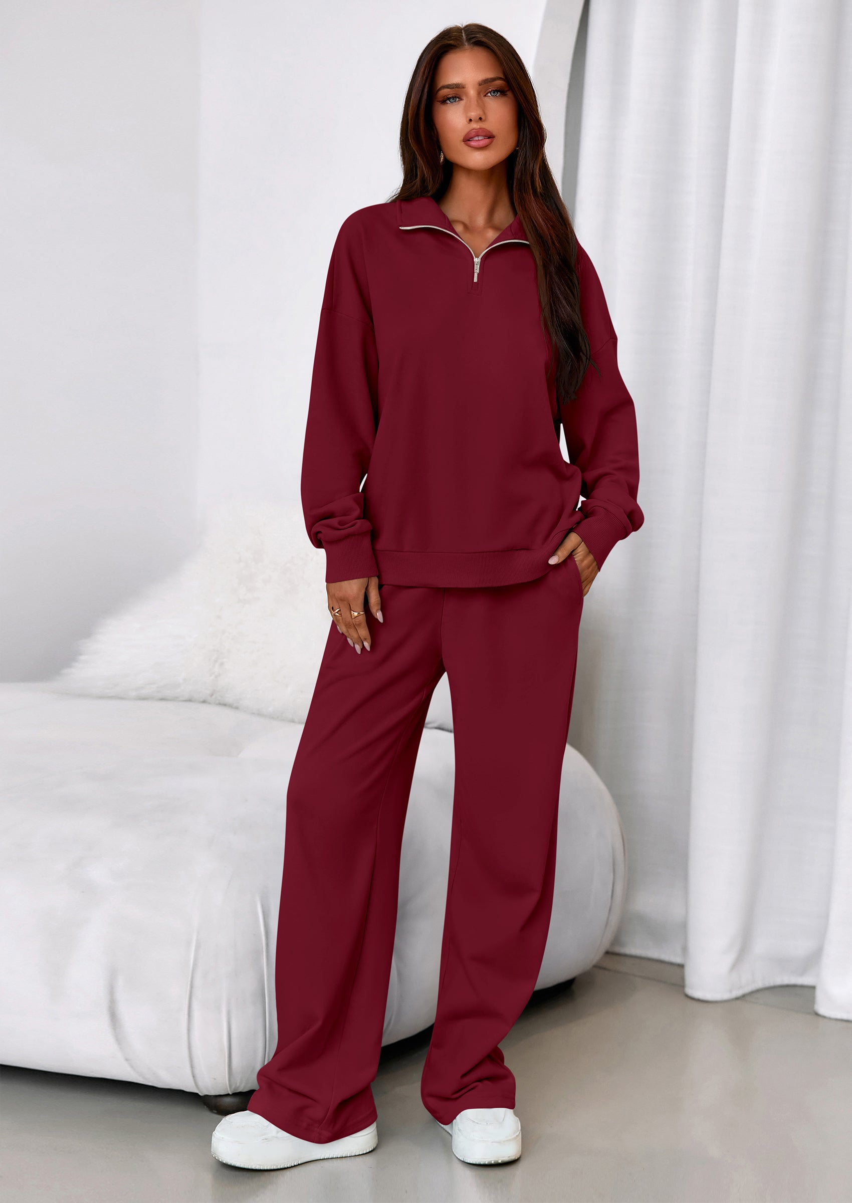 PRETTYGARDEN Womens Casual Two Piece Sets Fall Outfits Quarter Zip Sweatshirts Straight Leg Pants Sweatsuits Tracksuit