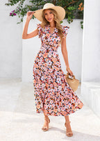 PRETTYGARDEN Women's Summer Floral Midi Dress Cap Sleeve V Neck Ruffle Long Flowy Boho Casual Beach Vacation Dresses