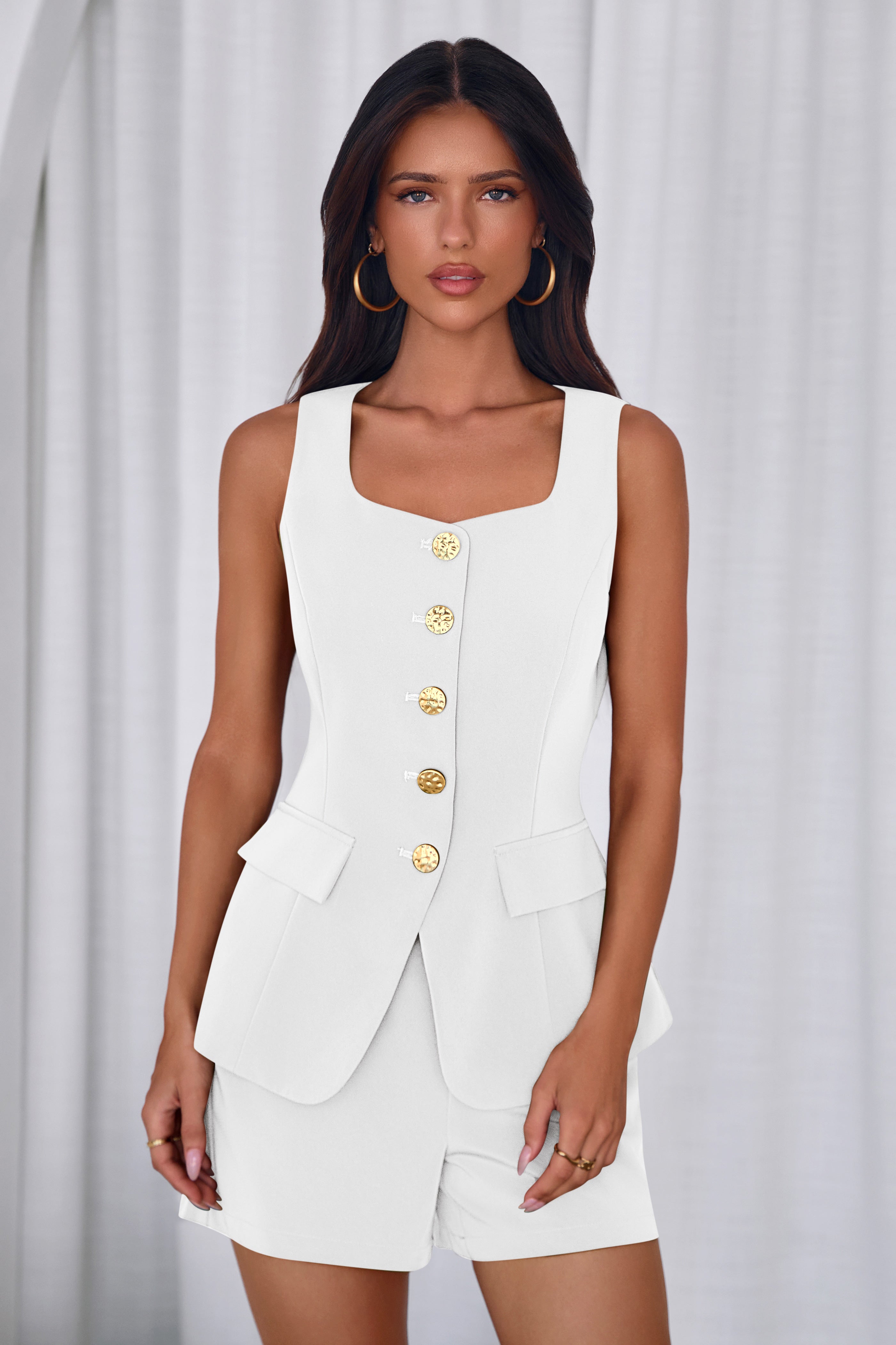 PRETTYGARDEN Womens 2 Piece Matching Sets Fashion Button Down Suit Vest Tops Shorts Set Spring Business Casual Outfits