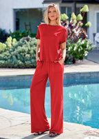 PRETTYGARDEN Women's Summer 2 Piece Matching Lounge Sets Short Sleeve Shirts Tops Wide Leg Pants Travel Airport Outfits