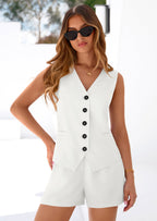 PRETTYGARDEN 2 Piece Sets for Women Spring Fashion Button Vest Tops High Waist Shorts Summer Business Casual Outfits