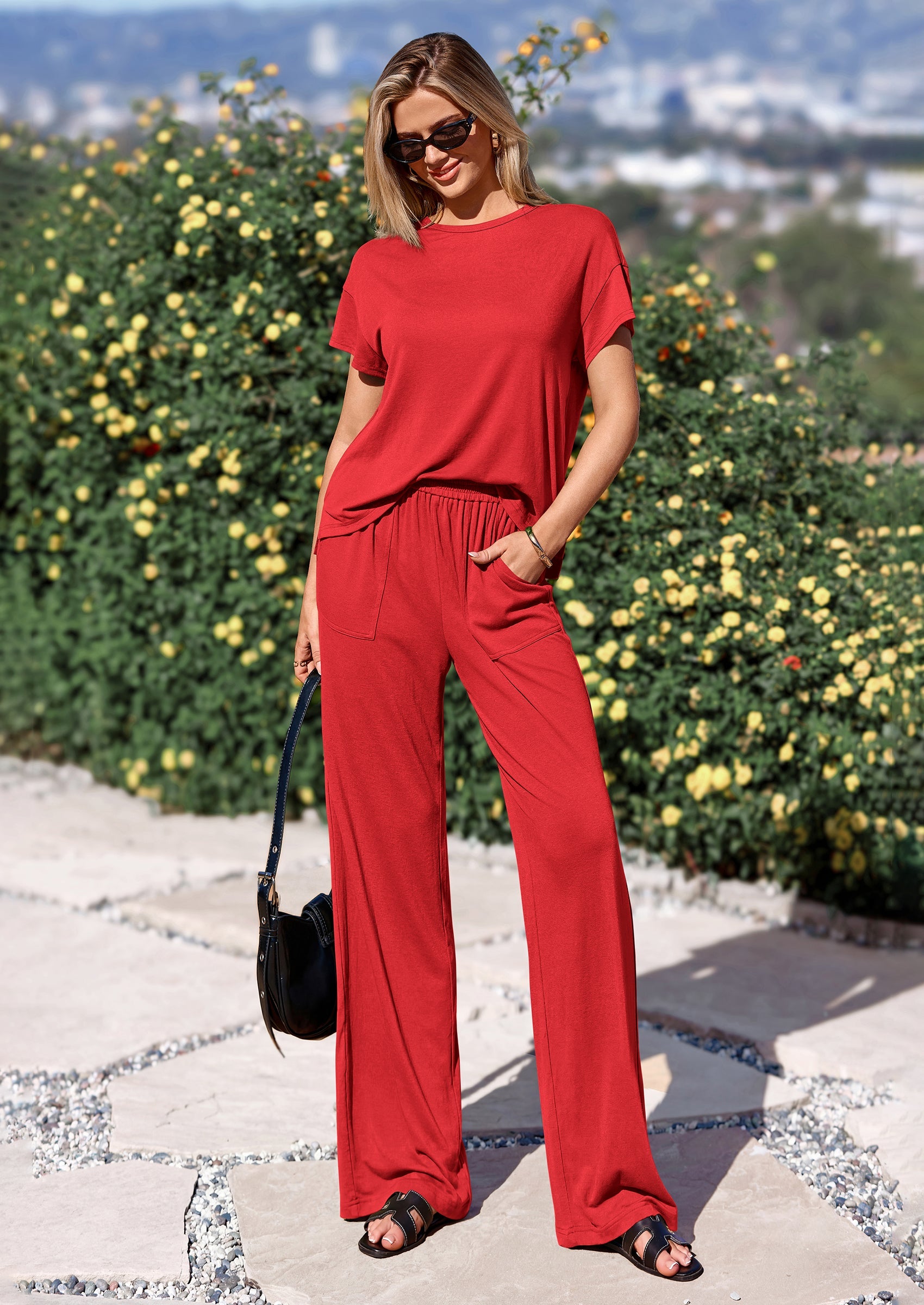 PRETTYGARDEN Women's Summer 2 Piece Matching Lounge Sets Short Sleeve Shirts Tops Wide Leg Pants Travel Airport Outfits
