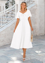 PRETTYGARDEN Summer Dress for Women Casual Short Sleeve Bow Tie V Neck Ruffle Midi Flowy Dresses